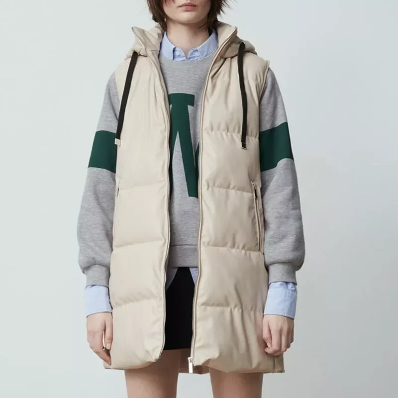 

Malina Long PU Vests Women Fashion Spring Autumn Hooded Pockets Coats Women Elegant Beige Casual A Line Vests Female Ladies