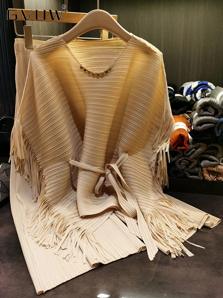 

GVUW Pleated Tassel Two Piece Sets For Women O-neck Batwing Sleeve Lace-up Tops Solid Color Pants 2023 Summer Female Set 17J0645