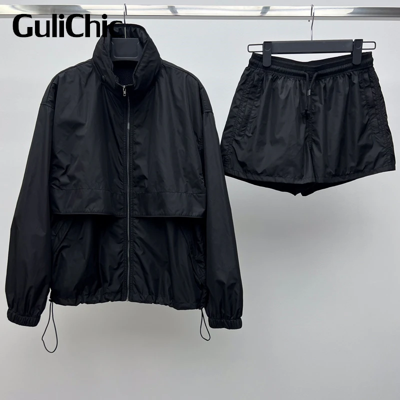 

8.31 GuliChic Women Sporty Casual Loose Hooded Zipper Jacket Or Drawstring Shorts Black Sets