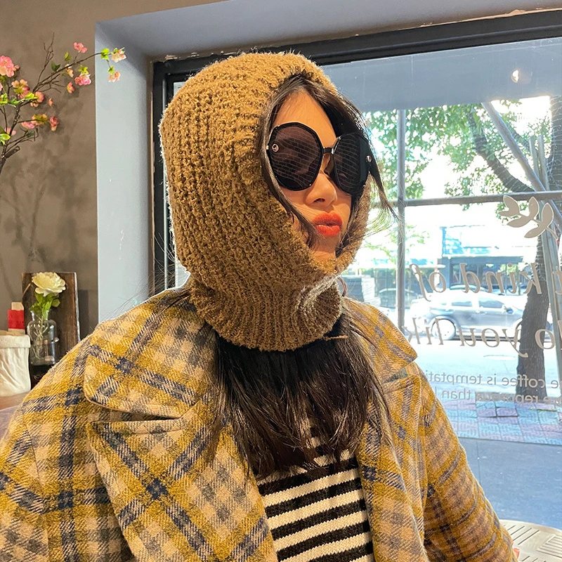 

New Plush Knitted Hood Neck Mask Balaclava Cap Winter Hat Women Warm Soft Fashionable Skullies