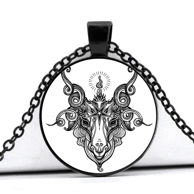 

New Gothic Baphomet Goat Head Pendent Necklace Satan Pentagram Glass Cabochon Pendant Witch Jewelry Gift