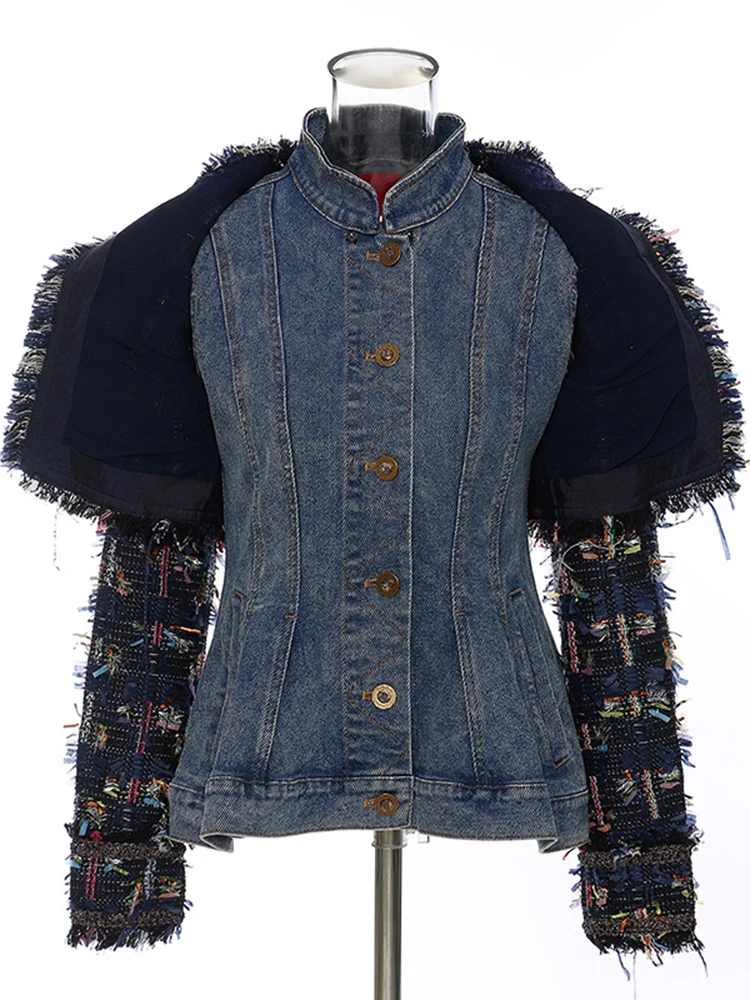 [EAM] Свободная черная джинсовая твидовая куртка большого размера Новое Женское