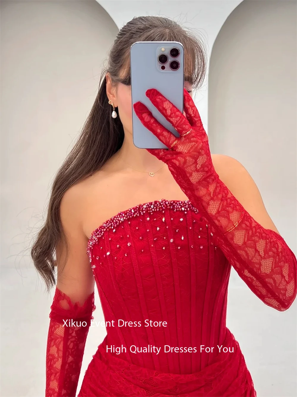 Фото Xikuo Red Lace Evening Dresses Formal Strapless Beading Saudi Arabric Party Gowns Appliques Luxurious Robe De Soirée Customized №3