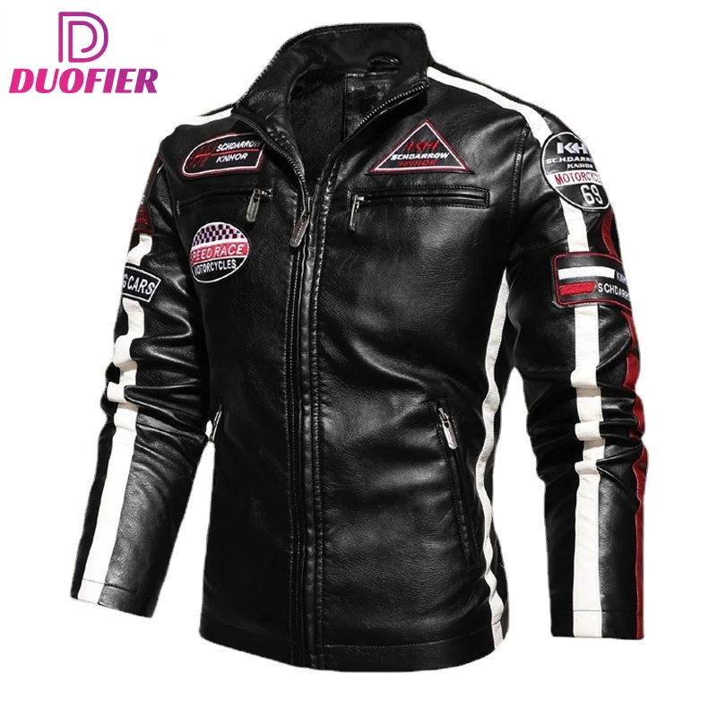 

Leather Jacket Men Winter New Fleece Motorcycle Biker Pocket PU Anti-wind Jacket Mens Stand Collar Casual Windbreaker Slim Coat