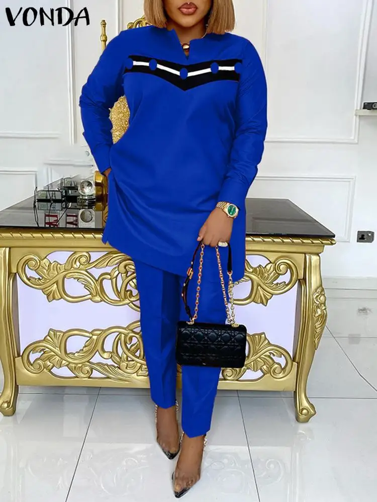 

VONDA 2023 Women Vintage Printed Pant Sets Summer Matching Sets Buttons V-Neck Long Sleeve Tops and Pockets Pants Suits Casual