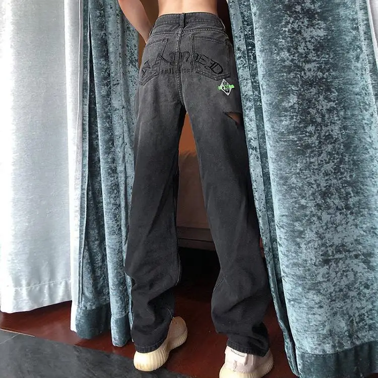 

Женские дизайнерские джинсы жареные уличные брюки женские летние тонкие прямые брюки с вышивкой