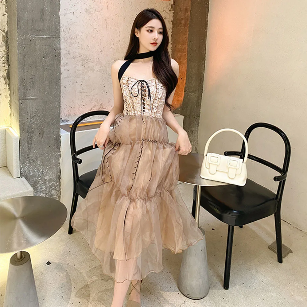 

Новинка 2022, Модное Новое женское платье, винтажное кружевное шифоновое платье на бретелях-спагетти в стиле Лолиты, летнее платье принцессы