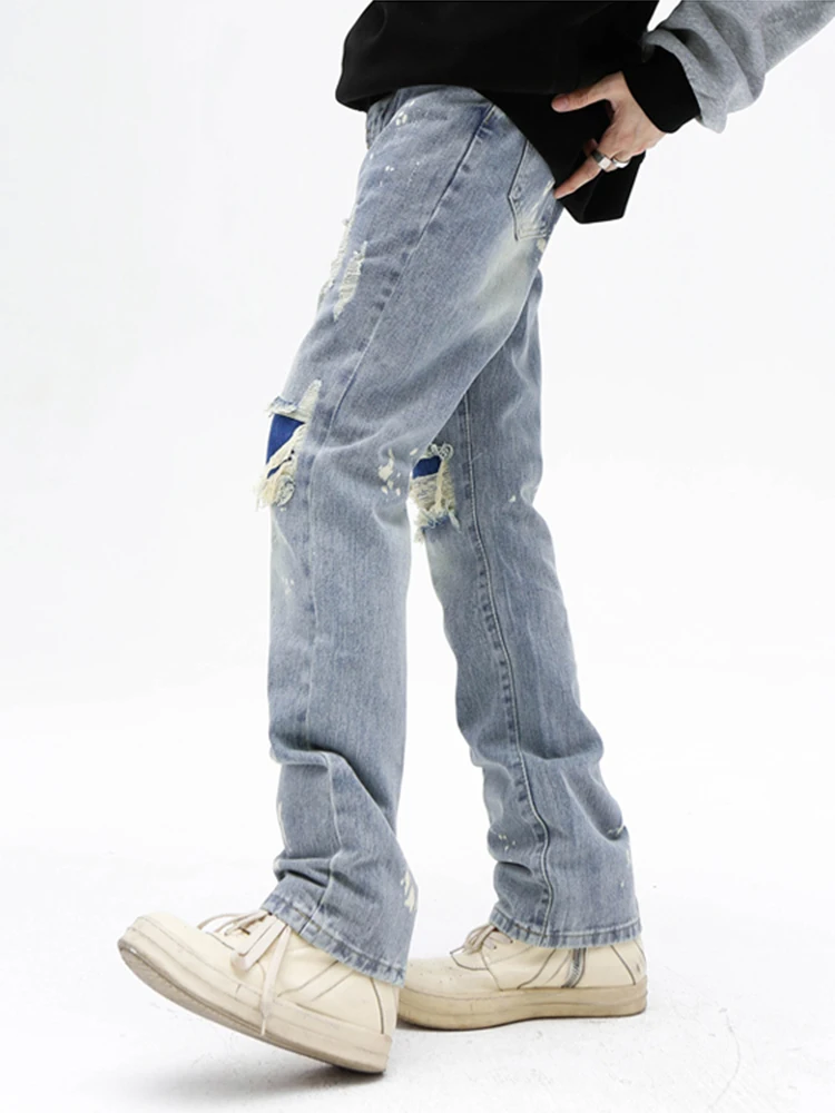 Men's Knee with Hole Denim Trousers Punk Men's Pencil Jeans Light -colored Casual Trousers Tide Brand Men Street Clothing JEANS