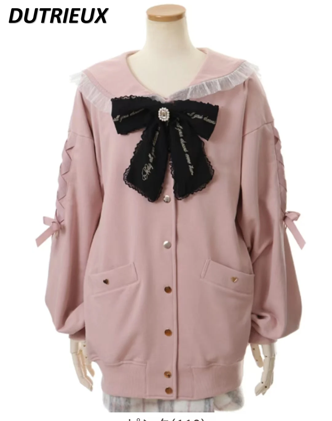 

Embroidery Bowknot Sweet Women's Hoodies Sailor Collar Long Sleeve Loose Sweatshirt for Lady Single-Breasted Mid-Length Coat