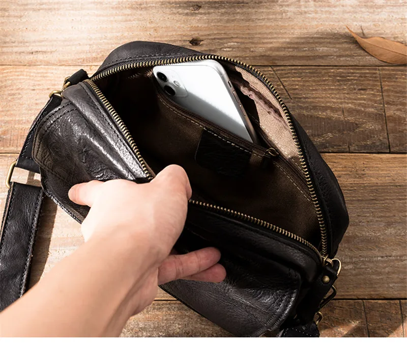 Fashion casual designer natural real leather men black small square bag daily outdoor work multi-pocket shoulder crossbody bag