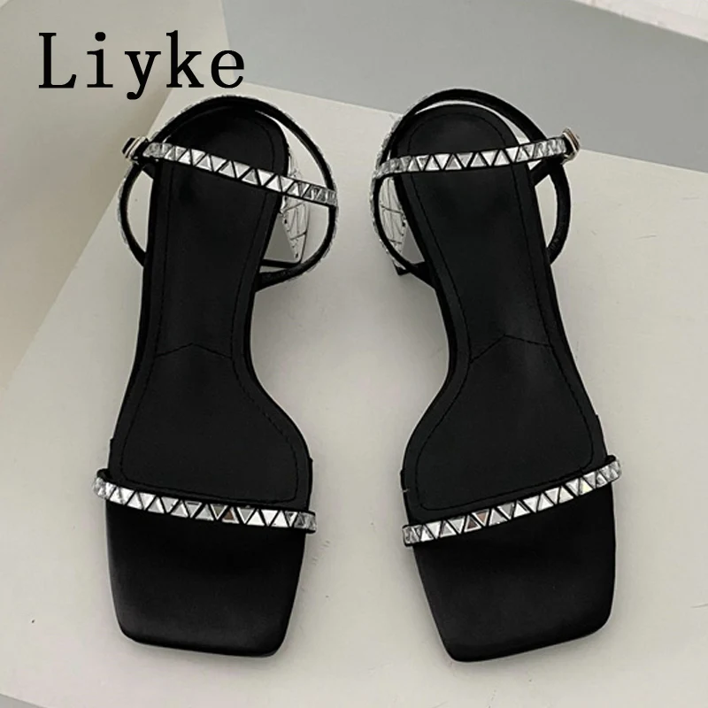 

Liyke 2022 New Fashion Crystal Ankle Buckle Sandals Women Open Toe Square Block Low Heels Ladies Party Dress Shoes Size 35-40