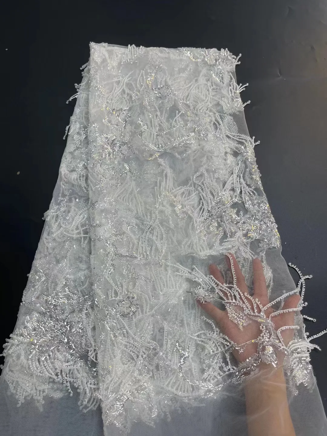 

Pure White Nigerian Luxurious Tulle Sequin Lace Fabric 2022 French Heavy Handmade Beads With Pearl Fabric For Bridal Cloth Dress