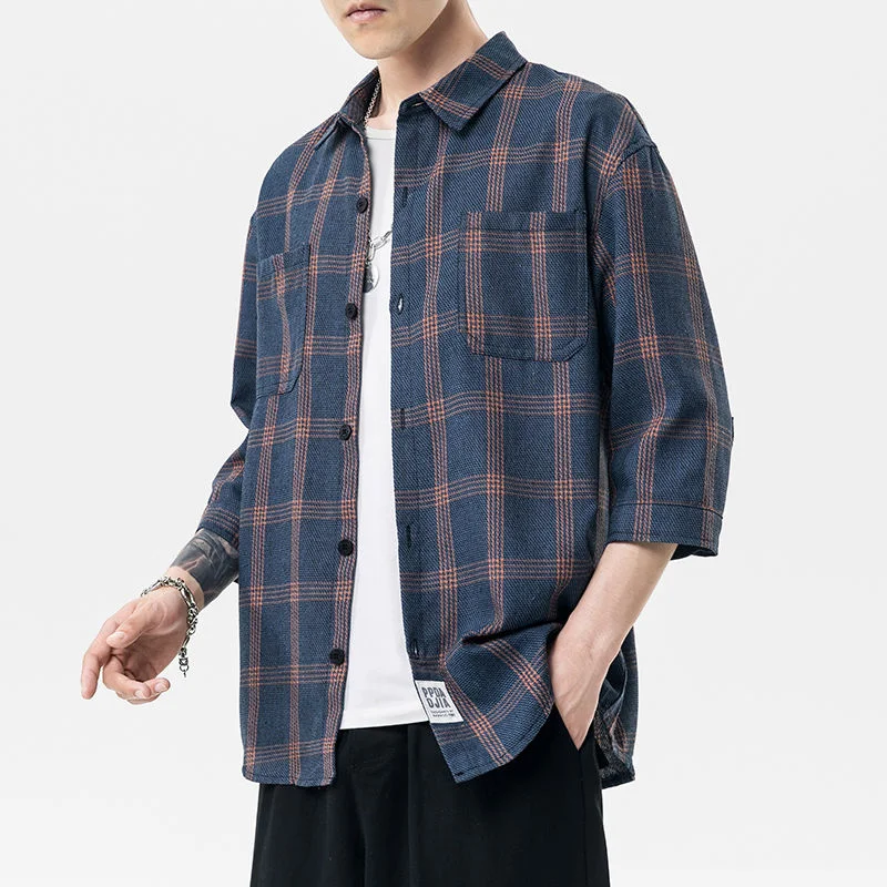 

Men's Shirt Seven Sleeve Single-breasted Grid Large Small Fresh Couple Casual Tidal Current Streetwear Surprise Price 2022