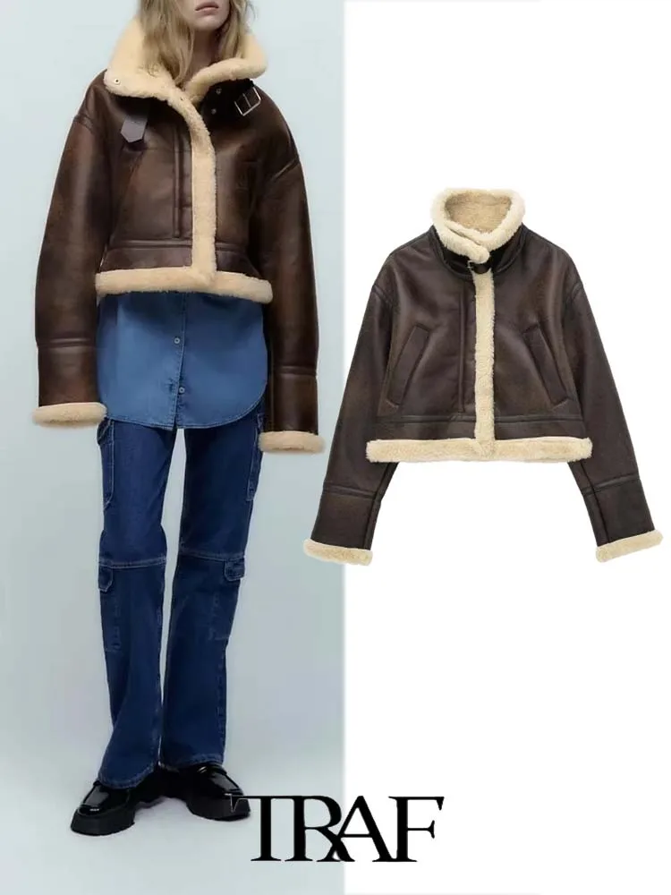 

TRAF 2023 Women Spring Fashion Casual New Solid Faux Leather Loose Short Jacket Casual Coat Top Outerwear Top