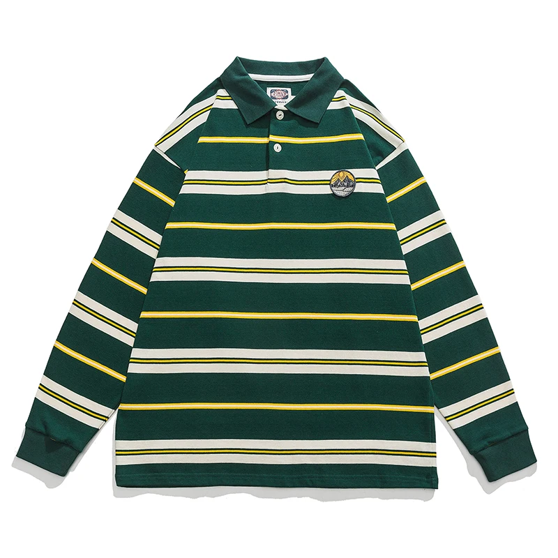 

Autumn New American Retro Long Sleeve Heavyweight Knitted Striped Polo Shirt Men's Simple Pure Cotton Washed Loose Casual Tops