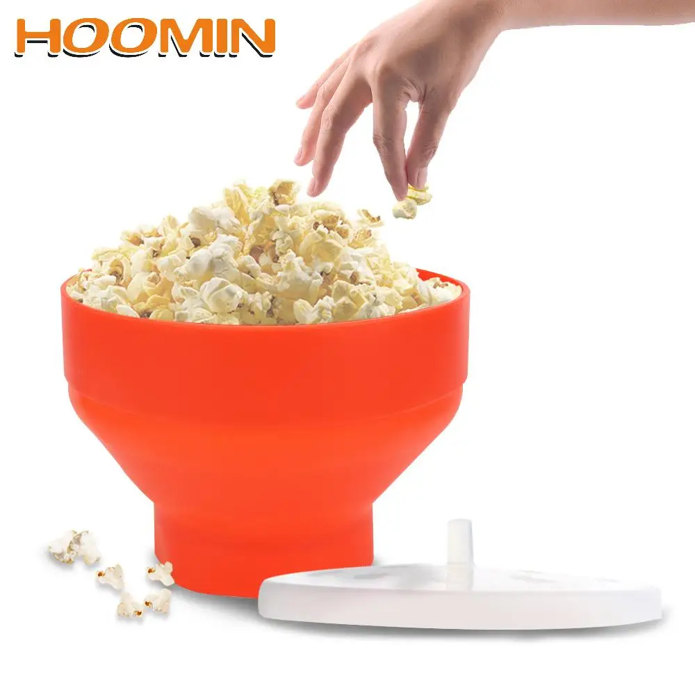 HOOMIN Popcorn Maker Silicone Red with Lid Microwave Popcorn Bowl Bucket High Quality Kitchen Easy Tools Chips Fruit Dish DIY