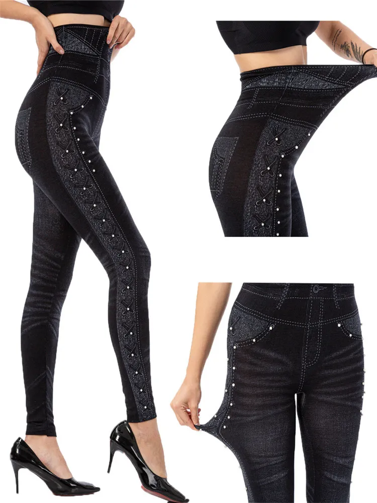 

CKAHSBI Seamless Imitation Jeans Leggings High Waist Pants Fitness Slim Sport Push Up Polyester Women Faux Denim Yoga Jeggings