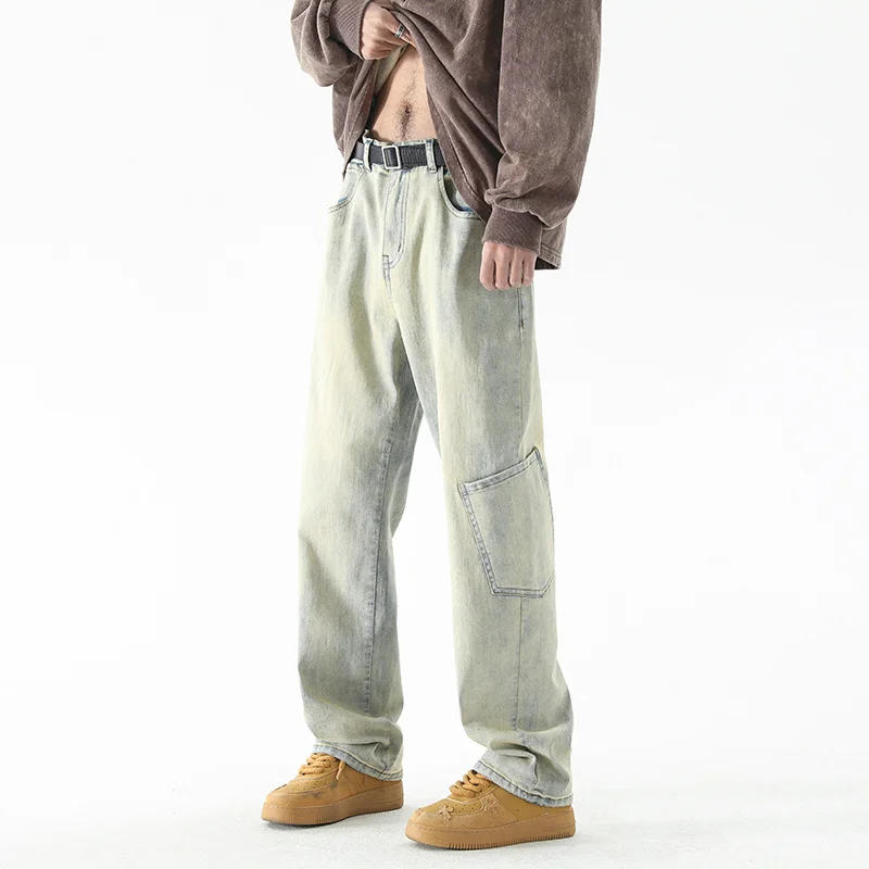 Baggy Stretch Jeans Men Fashion Retro Pocket Straight Jeans Mens Japanese Streetwear Hip-hop Loose Wide Leg Denim Trousers Men