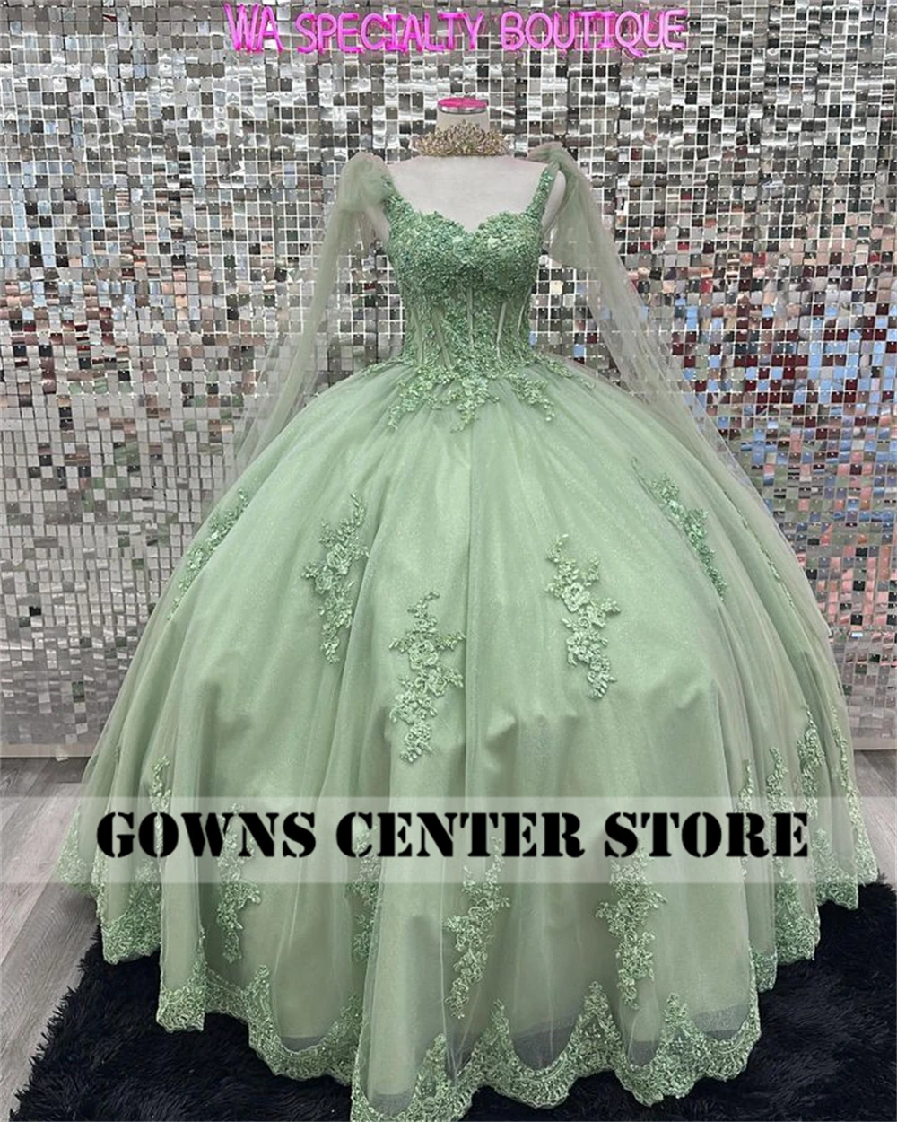Sage Green Spaghetti Lace Appliques Quinceanera Dresses Tulle Ball Gown Birthday Gown Lace-Up Sweet 16 Dresses Cinderella robe images - 6