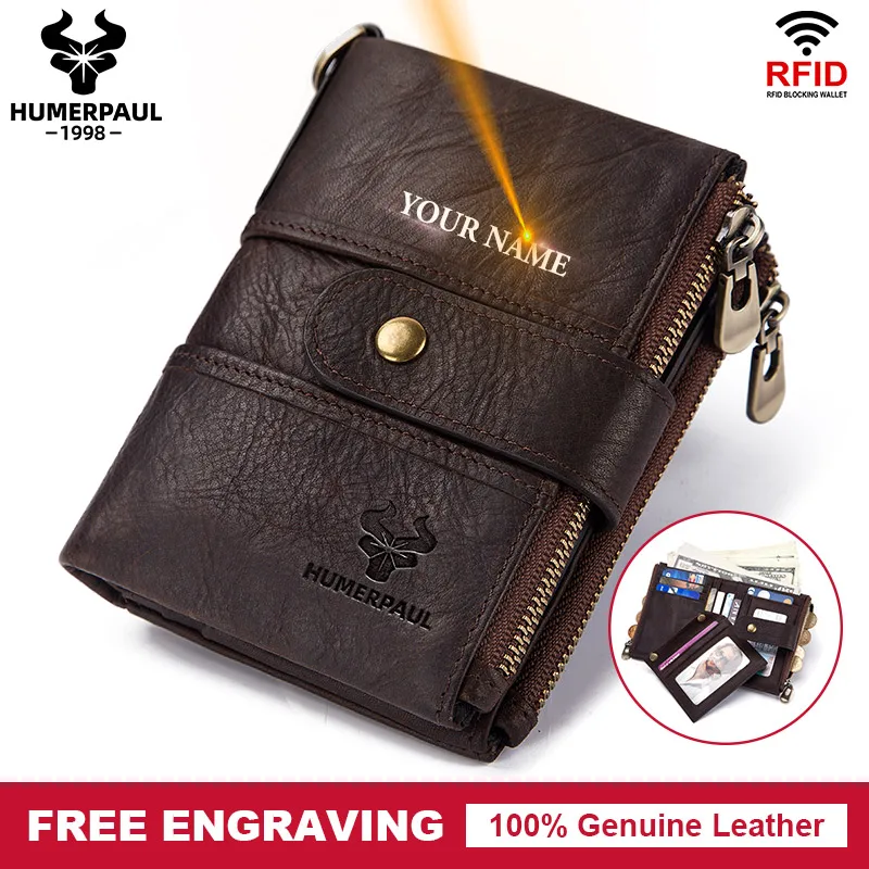 

HUMERPAUL Short Wallet Men Genuine Leather Zipper Coin Pocket High Quality Male RFID Card Holder Purse Vintage Credential Walet