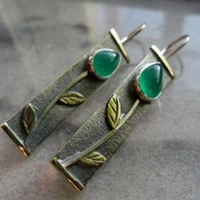 retro personality inlaid jasper green artificial gemstone earrings european and american creative flowers retro bronze earrings