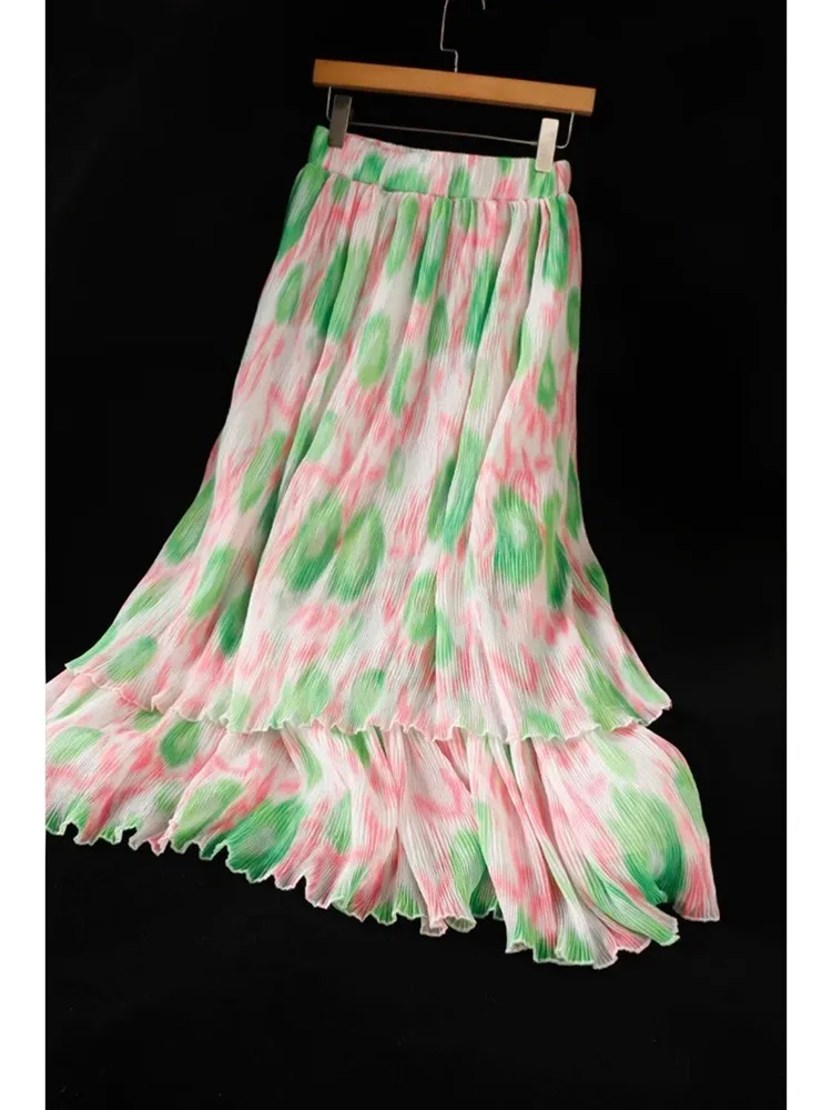 

Summer Casual Fashion Chiffon Double Llayer Lotus Leaf Skirt For Women A-LINE High-waisted Skirt Elegant Sweet Print Skirt 2023