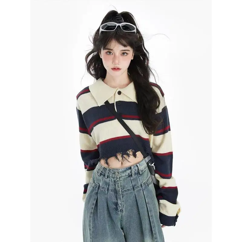 

Women Clothing 2022 Spring Autumn Fashion Striped Short Sweater Languid Style Knitwear Casual Simple Sweatshirt Women Clothing