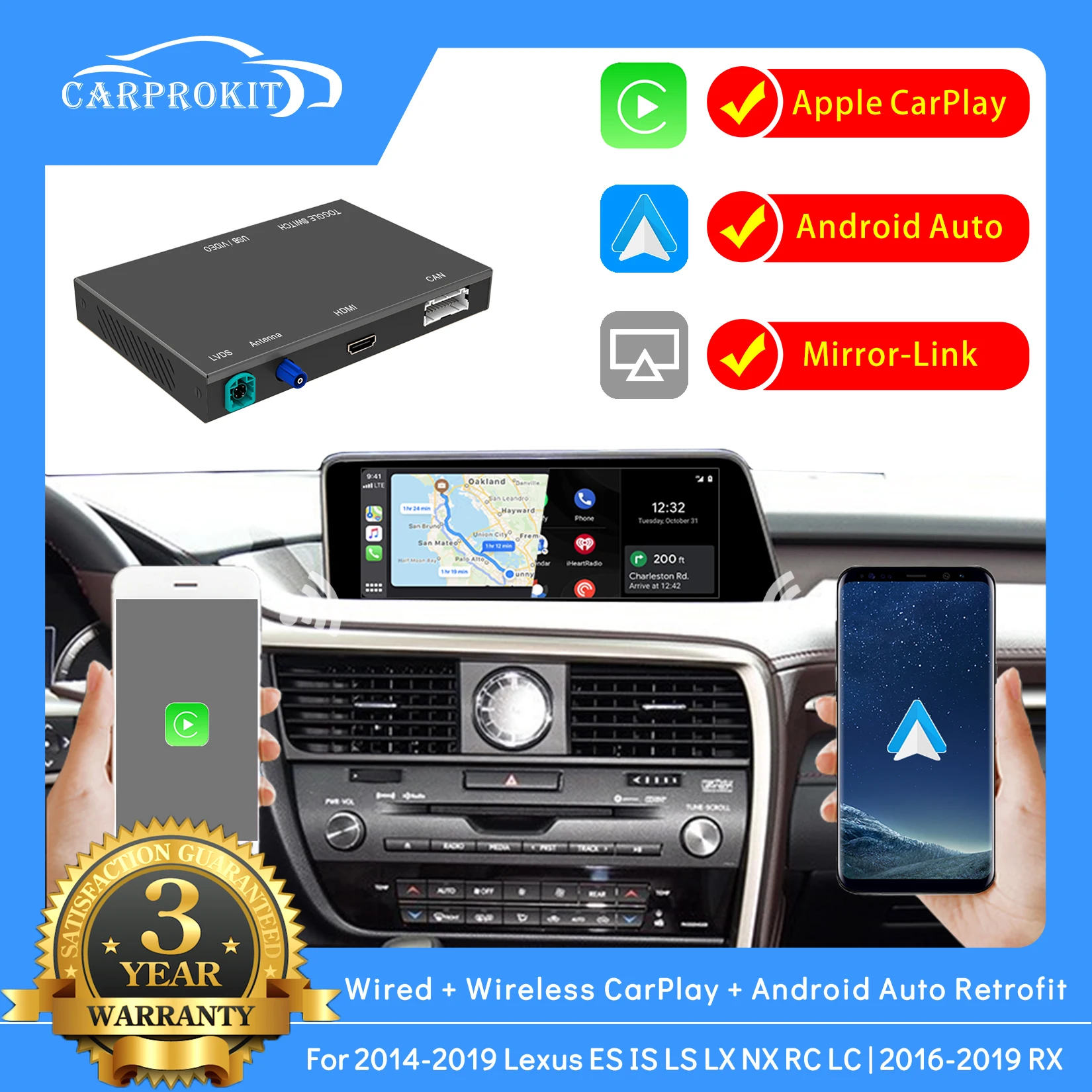 

CarProKit For Lexus 2014-2019 ES IS LS GS RX LX NX UX RC LC CT 2016-2019 RX Wireless Apple CarPlay Android Auto Retrofit Box Kit
