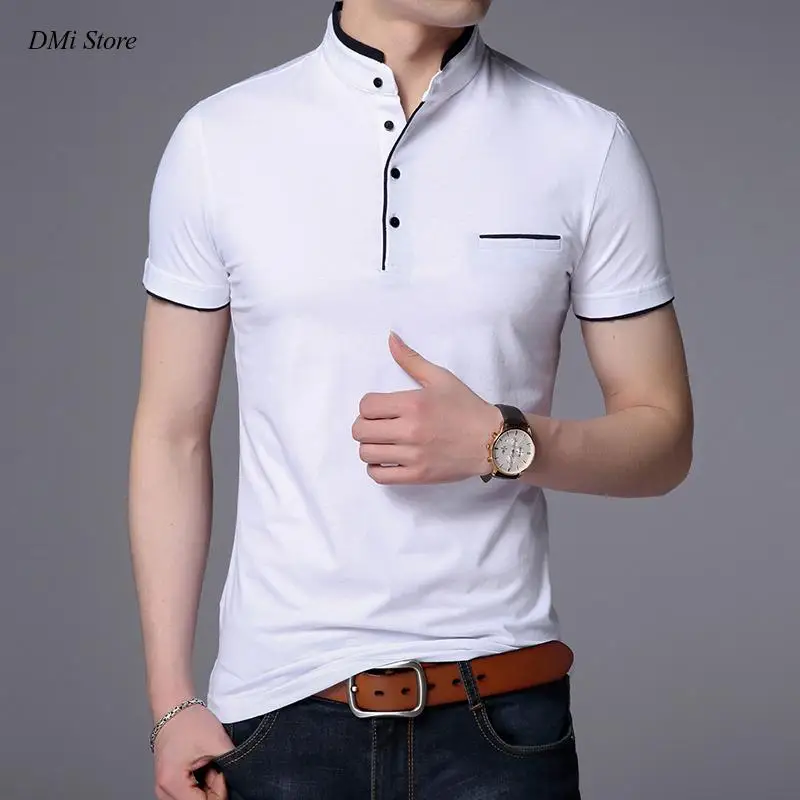 

Мужская Летняя приталенная рубашка-поло DIMI с воротником-стойкой, однотонная дышащая повседневная одежда на пуговицах, новинка, модная брендовая рубашка-поло