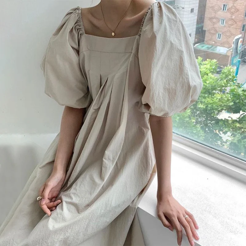 

Long Dress Collar Half Puff Sleeve Loose Robe Elegant Summer Vestido Midi Elegante Khaki Vintage Fold Simplicity Dress for Women