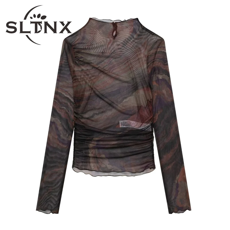 

SLTNX 2022 Women Fashion Summer Skinny Tops Female Print O-Neck Long Sleeve T-shirts Top Ladies Chic Mesh T-shirts Slim Clothes