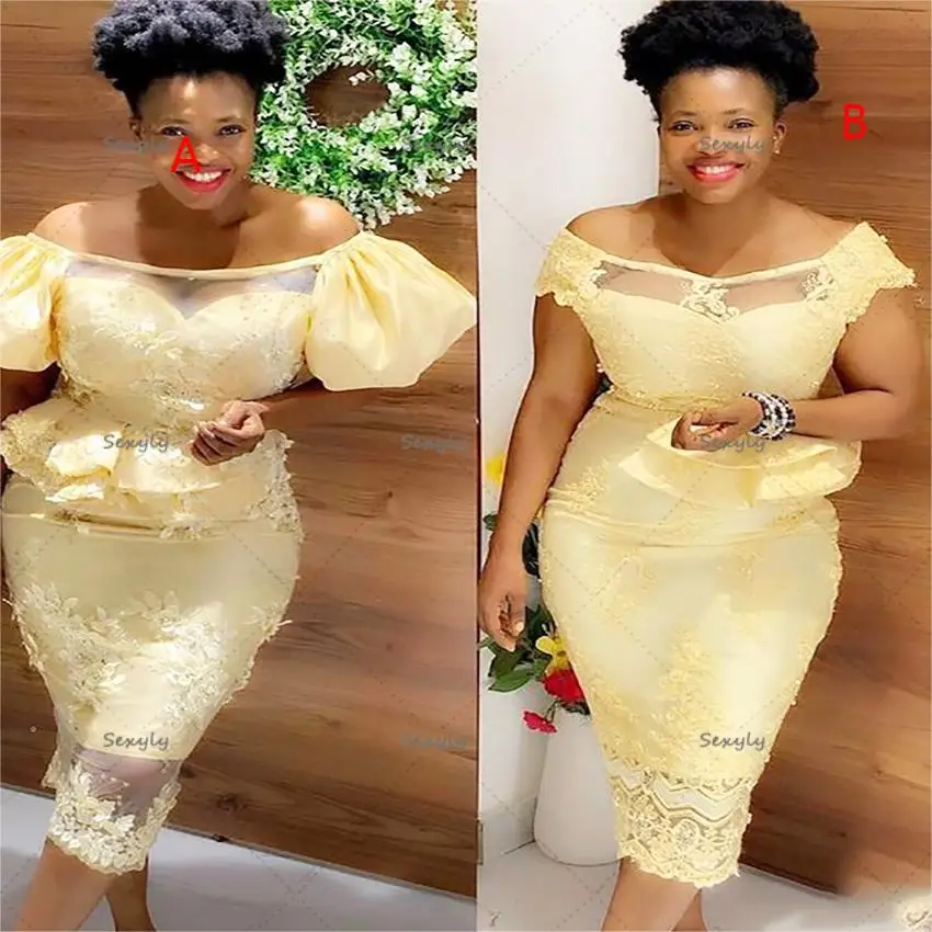 

Sexy Yellow Lace Evening Dress Plus Size Short Sleeve South Afica Prom Dress For Black Girls 2022 Knee Length Robes De Cocktail