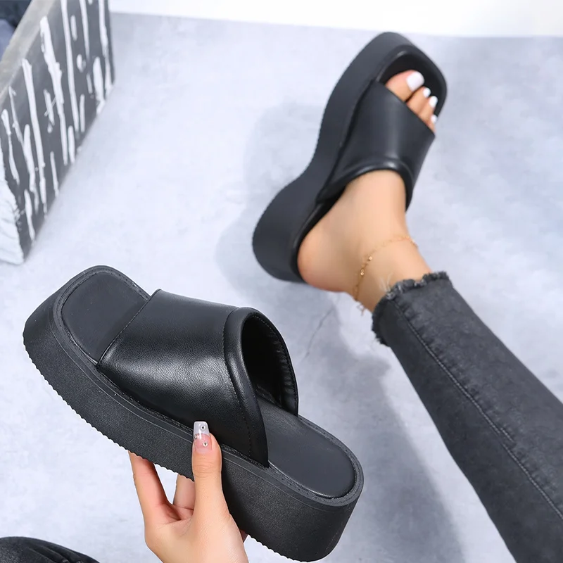 

New Women Summer Sandals Square Toe Thick Sole Casual Slippers Solid Home Outside Flat Platform Females Shoes Big Sizes 35-42