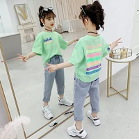 girls clothing set 2022 summer new childrens korean version of the multi letter short sleeved denim cropped two piece set