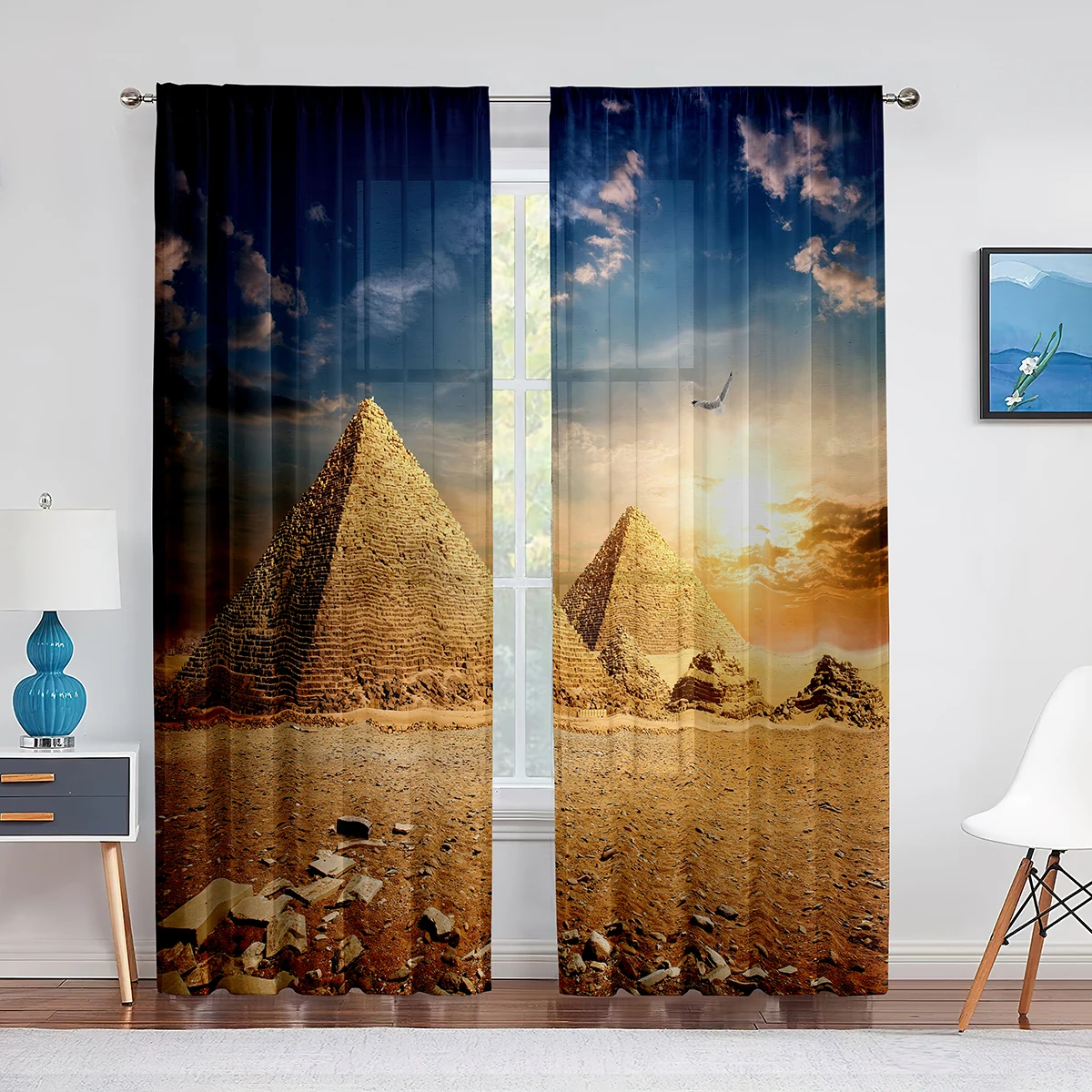 

Old Egyptian Pyramids In Desert Flying Eagle Nature Sunshine Sheer Voile Curtain for Bedroom Living Room Window Tulle Curtains