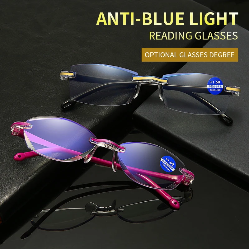 

New Anti Blue Light Blocking Square Rimless Reading Eyewear Men Women Office Ultralight Spectacles Presbyopic Diopter Glasses