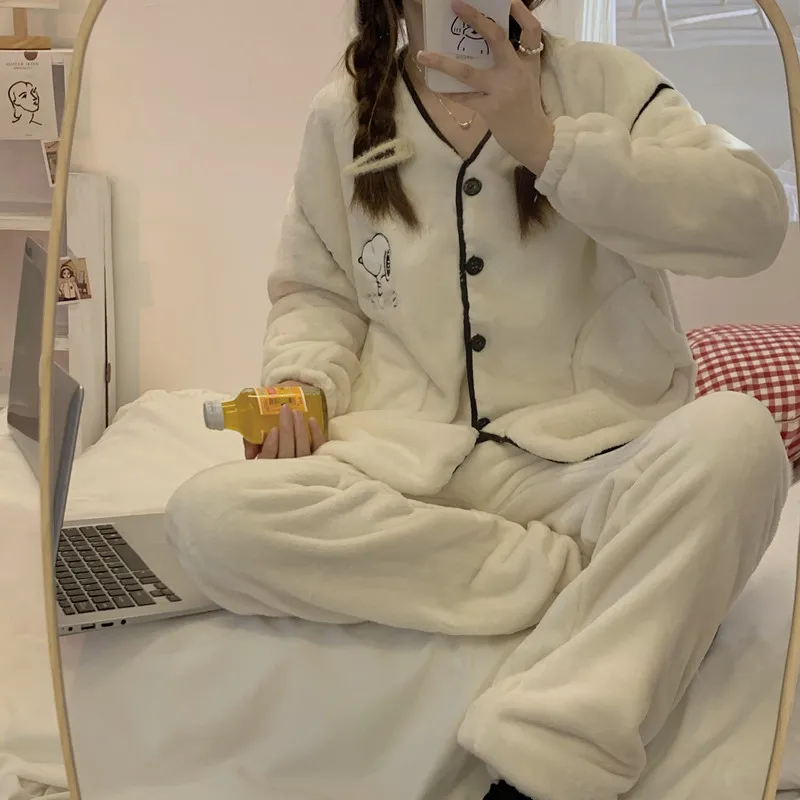 

Мультяшные пижамы Осень-зима Фланелевые брюки с длинным рукавом для женщин теплый кардиган Домашняя одежда костюм пижамы для женщин