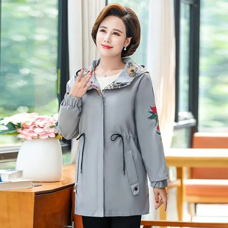 

[Double-faced] Mother's 2022 Spring Autumn Coat Mid-length Slim Embroidered Hooded Coat New Female Casual Windbreaker Outwear