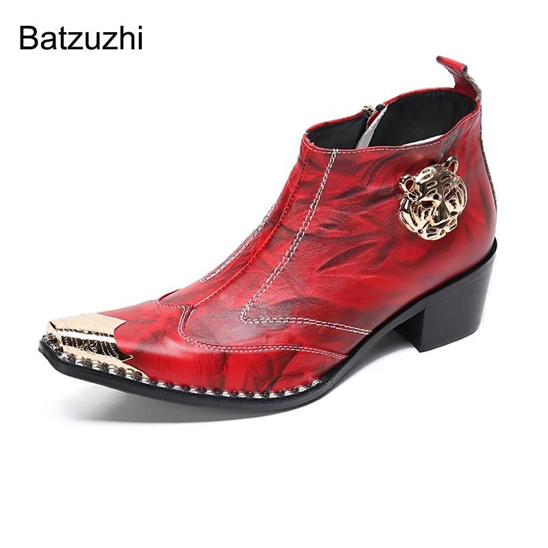

Batzuzhi 6cm High Heels Handmade Boots Men Pointed Golden Iron Toe Leather Ankle Boots for Men Red Party, Wedding Botas Hombre!