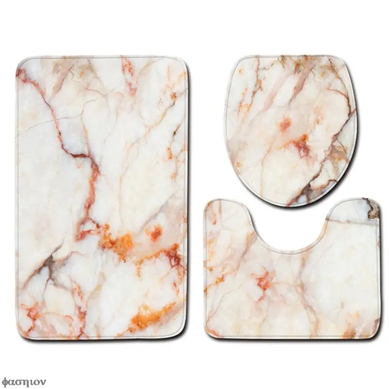 

3Pcs/Set Bathroom Mat Marble Set Non-Slip Pedestal Rug Toilet Lid Cover Bath Floor Mat Decor Print Bathroom Decoration