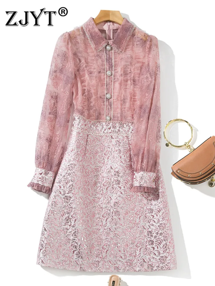 

ZJYT Runway Designer Spring Lace Patchwork Elegant Dress for Women 2022 Long Sleeve Robe Femme Sexy Pink Vestidos De Fiesta