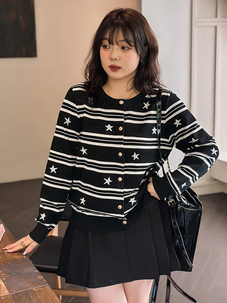 

Женский жаккардовый свитер, вязаный кардиган в полоску с длинными рукавами и пятиконечными звездами, Осень-зима 2023