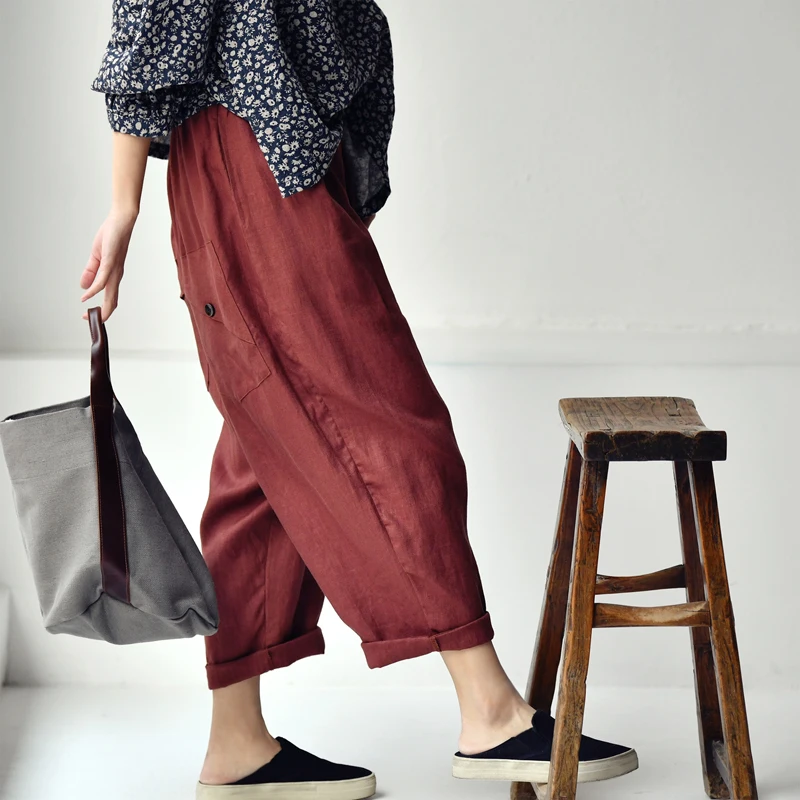 

MICOCO K8207C Art retro to ancient times big pocket design loose and comfortable elastic waist leisure flax radish pants