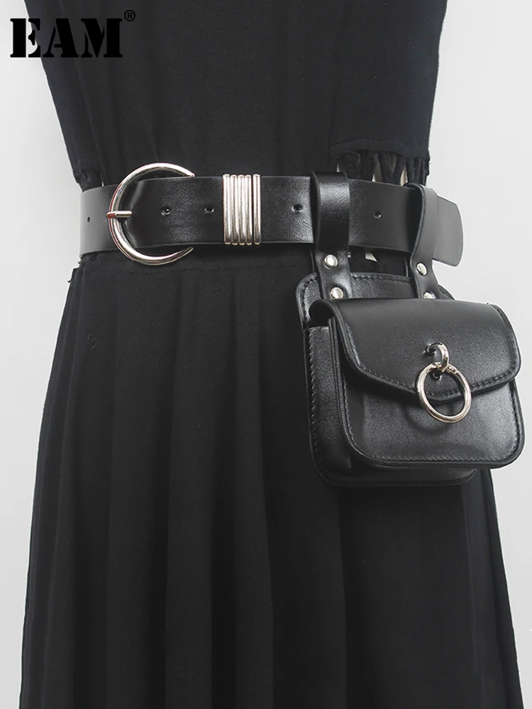 [EAM]  Pu Leather Black Mini-bag Metal Buckle Long Wide Belt Personality Women New Fashion All-match Spring Autumn 2023 1DE7007