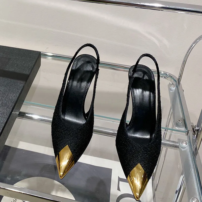 Pointed Toe Black High Heels Women's 2023 Summer New Shallow Mouth Metal Toe Stiletto Heel Strap Toe Sandals