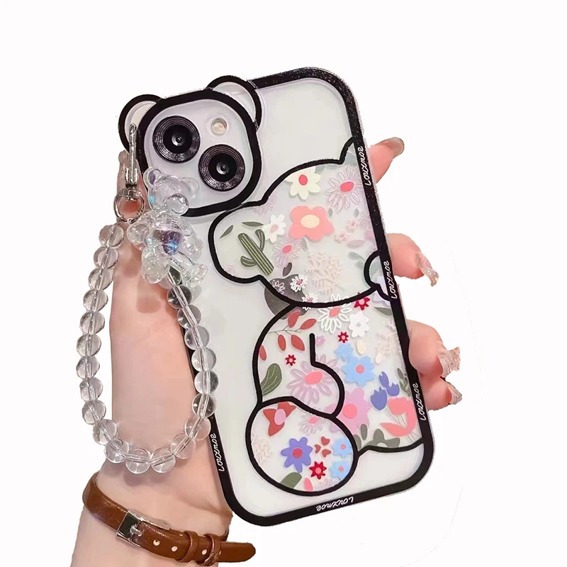 

3D Bear Ear Flower Transparent Hang Phone Chain Silicone Case for iPhone 13 11 Pro Max 12 XR X XS Protective Clear Soft Cover