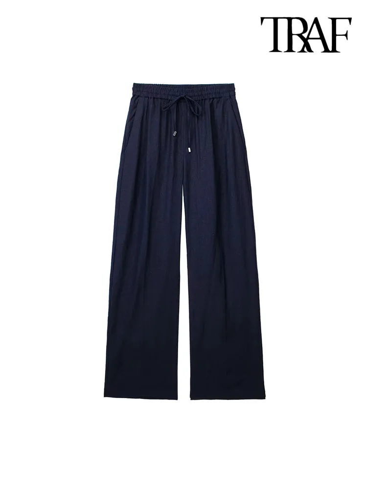 TRAF Women Fashion Side Pockets Linen Wide Leg Pants Vintage High Elastic Waist With Drawstring Female Trousers Mujer images - 6