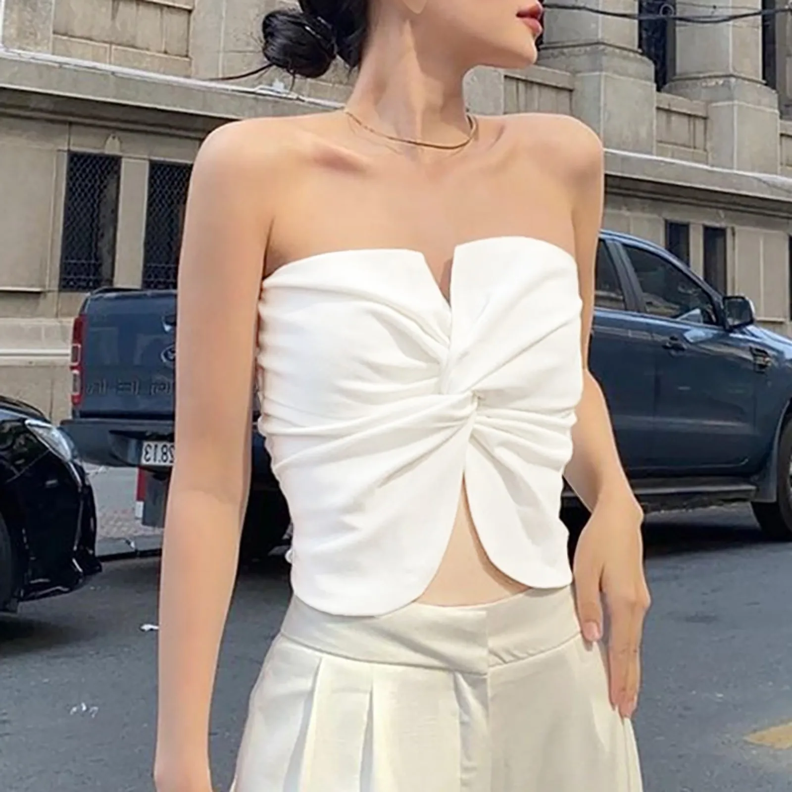 

Women Strapless Crop Tops Summer Solid Bandeau Cropped Bowknot Slim Sleeveless Twist Tube Crop Basic Breast Wrap Skinny Camis