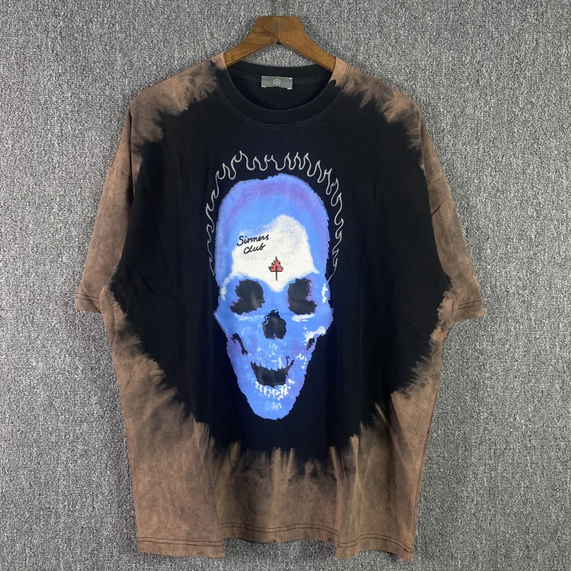 

Oversized Tie Dye Flame Skull Fashion T Shirt Men Best Quality Streetwear Women T-shirt Wash and Make Old Tops Tee Men Clothing