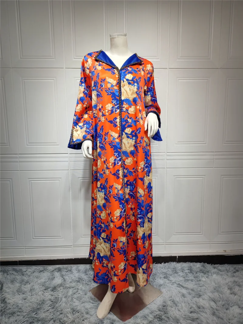 Eid Muslim Fashion Women Abaya Floral Print Bohemian Long Sleeve Dress Islamic Clothing Dubai Turkey Kaftan Robe Party Gown